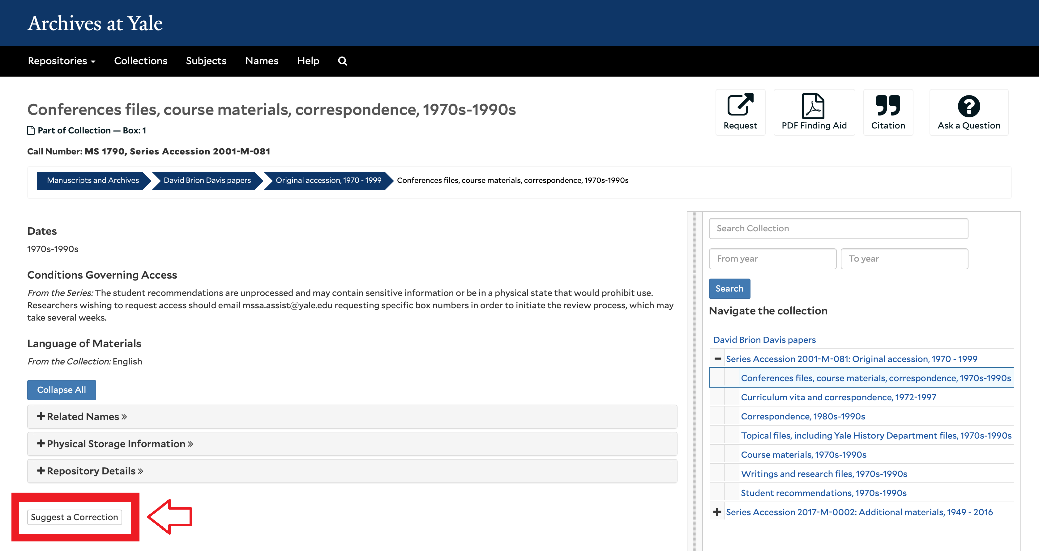 Suggest a correction example from a collection guide view in Archives at Yale