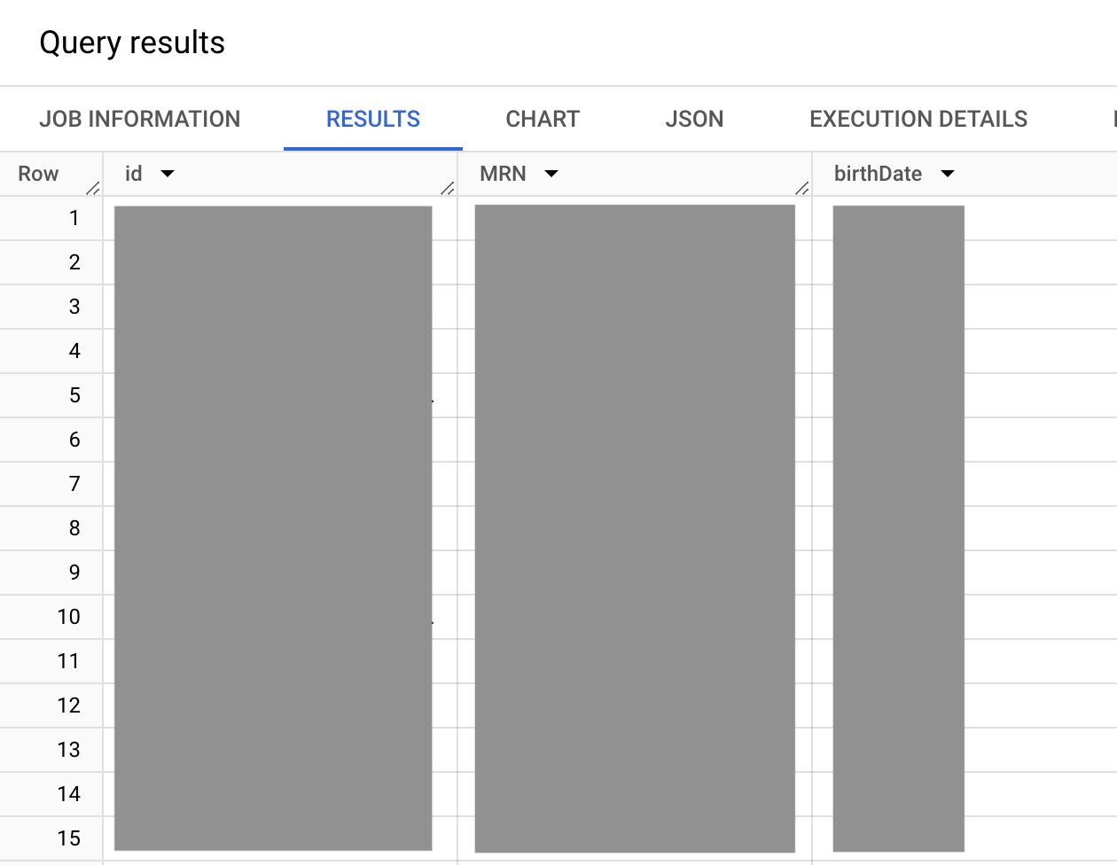 Output showing ID, medical record number and date of birth for identifier type set to MR