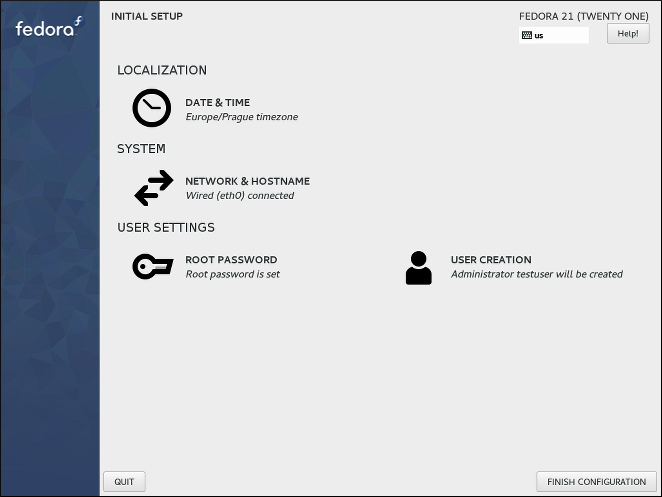 Pantalla principal de Configuración Inicial. Este ejemplo muestra todas las opciones; no todos pueden mostrarse