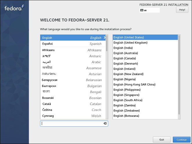 Screenshot of the Welcome screen showing language selection options.