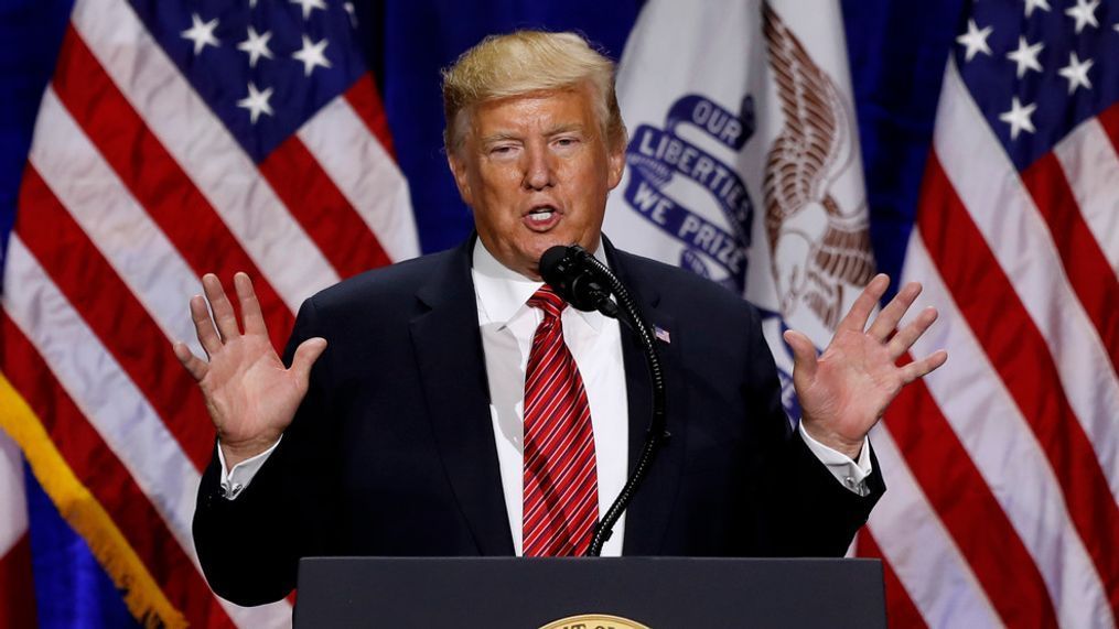 FILE - President Donald Trump speaks during the Republican Party of Iowa's America First Dinner, June 11, 2019, in West Des Moines, Iowa. Trump reshaped Republican foreign policy with his "America First" doctrine, skepticism of NATO and appreciation of autocrats. But Russian's invasion of Ukraine – and the West's united response to it – is emerging as a sudden test of that philosophy. (AP Photo/Charlie Neibergall, File)