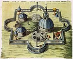 Hand-colored copper-plate engraving of Tycho Brahe’s Stjerneborg observatory from Joan Blaeu's Atlas Maior (1663)