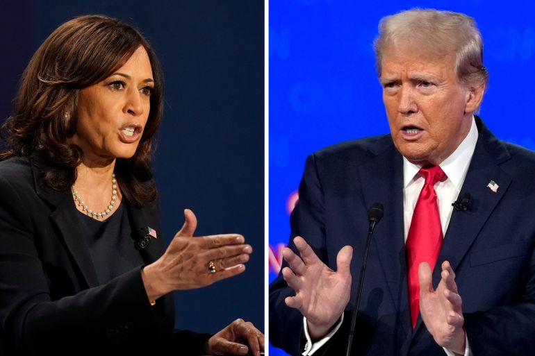 كومبو هاريس وترامب Trump Harris Democratic vice presidential candidate Sen. Kamala Harris, D-Calif., speaks during a debate, Oct. 7, 2020, in Salt Lake City, left, and Republican presidential candidate former President Donald Trump speaks during a debate, June 27, 2024, in Atlanta. (AP Photo)