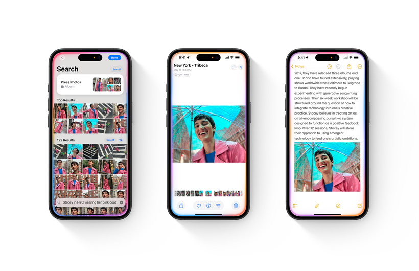 Une photothèque s’affiche sur un iPhone au-dessus d’une description de recherche. Un deuxième iPhone affiche une photo unique mise en avant sur la base de la recherche. Un troisième iPhone montre la photo insérée dans une note dans l’app Notes.