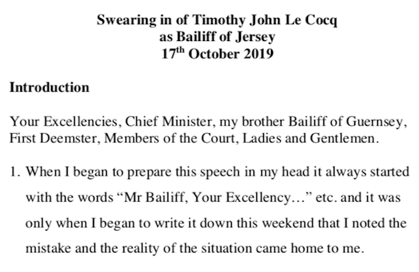 Swearing in Tim Le Cocq Speech