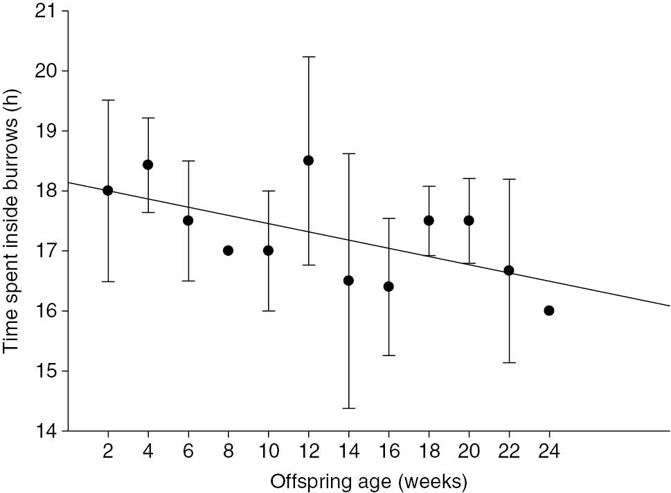 Figure 4: Average time (hours) spent by an adult female inside the nesting burrow (i.e. with its offspring), between its outings, according to its offspring’s age (2-week intervals).Data from one adult female giant armadillo Priodontes maximus (F4) monitored between July and December 2013 in the Nhecolândia sub-region of the Brazilian Pantanal (19° 16′ 60″ S, 55° 42′ 60″ W).