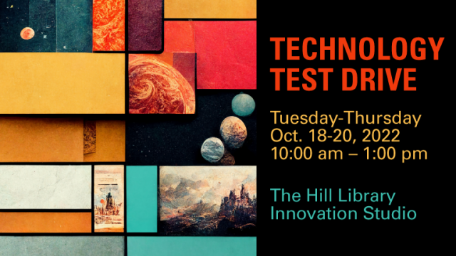 A poster for the technology test drive event on october 18-20 2022 features AI artwork that uses past Libraries event posters as training information