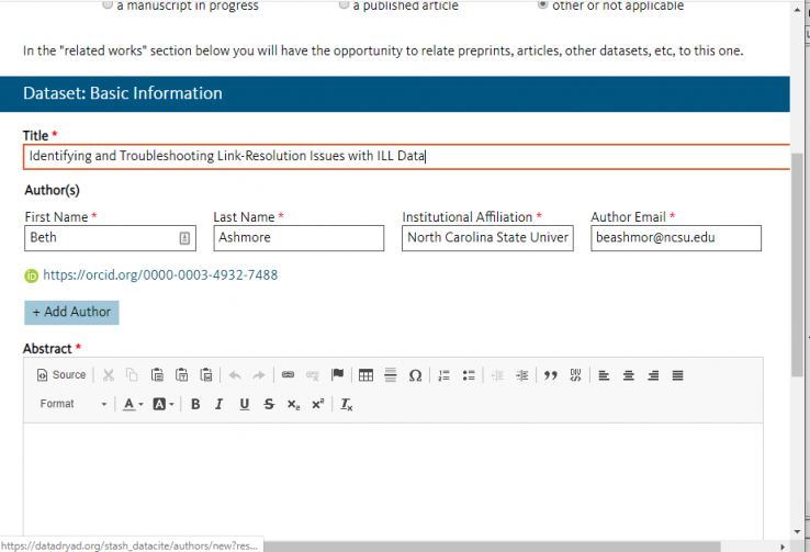 Screenshot of fields for entering initial information about a dataset in Dryad