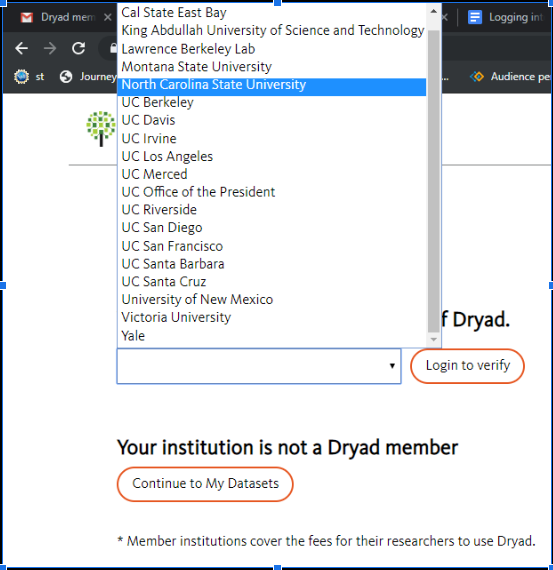 Screenshot of prompt on Dryad page to enter Institution from a dropdown menu