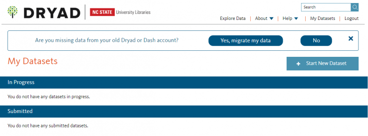 Screenshot of My Datasets page when logged into Dryad