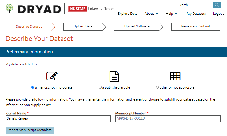 Screenshot of Describe Your Dataset prompt in Dryad, indicating data is related to a manuscript