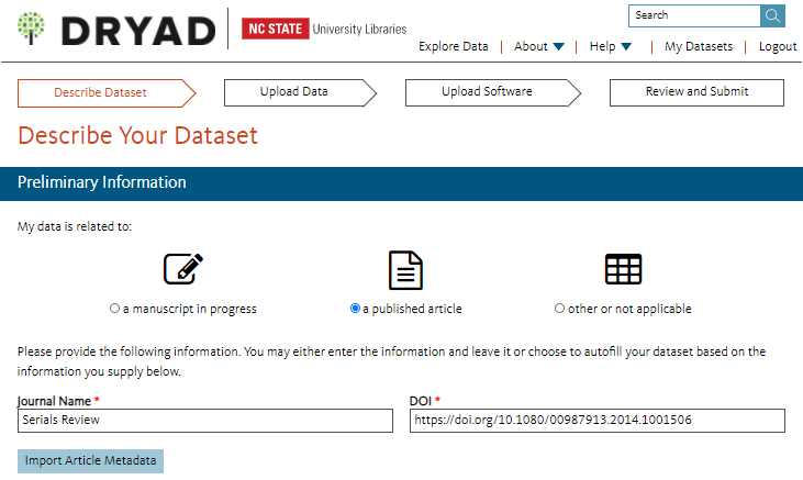 Screenshot of Describe Your Dataset prompt in Dryad, indicating data is related to a article