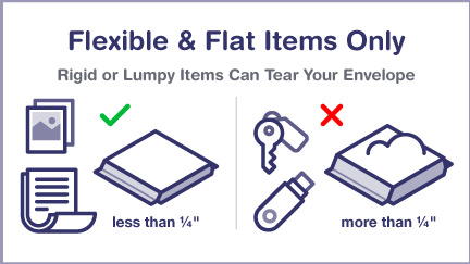 Flexible and flat items only (like paper or photos, less than 1/4 inch thick). Rigid or lumpy Items (like keys or flash drives) can tear your envelope.