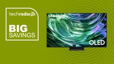 Samsung 65-Inch Class OLED S90D TV on green background with big savings sign