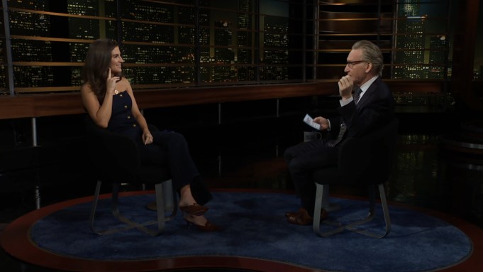 Bill Maher sits across from Kaitlan Collins on the set of 'Real Time with Bill Maher'