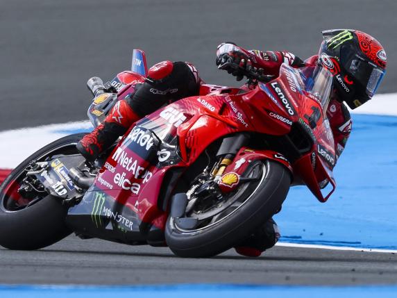 Ducati Lenovo Team's Italian rider Francesco Bagnaia rides during the MotoGP free practice session ahead of the 2024 Netherlands GP Grand Prix at the TT Circuit Assen, in Assen on June 28, 2024. (Photo by Vincent Jannink / ANP / AFP) / Netherlands OUT