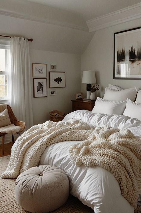 White Earthy Bedroom, White Natural Bedroom, White Comforter Bedroom Ideas, Palest Pistachio, Cozy White Bed, White Bedroom Ideas Cozy, White Cozy Bedroom, Woodsy Room, Bedroom White Bed