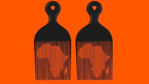 A graphic showing two combs with images of Africa visible behind them