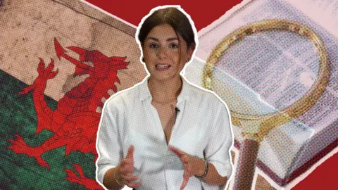 BBC reporter Harriet Morgan next to Welsh flag and dictionary graphics