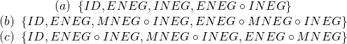 \begin{equation*} \begin{array} ((a) \; \; \{ \small{ID}, \small{ENEG}, \small{INEG}, \small{ENEG} \circ \small{INEG} \} \\ (b) \; \; \{ \small{ID}, \small{ENEG}, \small{MNEG} \circ \small{INEG}, \small{ENEG} \circ \small{MNEG} \circ \small{INEG}\} \\ (c) \; \; \{ \small{ID}, \small{ENEG} \circ \small{INEG}, \small{MNEG} \circ \small{INEG}, \small{ENEG} \circ \small{MNEG}\} \\ \end{array} \end{equation*}