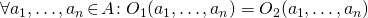 \forall a_1,\dots,a_n \!\in\! A\!: O_1(a_1,\dots,a_n) = O_2(a_1,\dots,a_n)