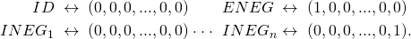 \begin{alignat*}{3} \small{ID} & \; \leftrightarrow \; (0, 0, 0, . . . , 0, 0) & & \small{ENEG} & \; \leftrightarrow \; (1, 0, 0, . . . , 0, 0) \notag \\ \small{INEG}_1 & \; \leftrightarrow \; (0, 0, 0, . . . , 0, 0) & \; \cdot \cdot \cdot \; \; & \small{INEG}_n & \; \leftrightarrow \; (0, 0, 0, . . . , 0, 1) &. \\ \end{alignat*}