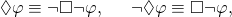 \begin{equation*}\Diamond\varphi \equiv \neg\Box\neg\varphi, \hspace{0.3cm} & \hspace{0.3cm} \neg\Diamond\varphi \equiv \Box\neg\varphi,\end{equation*}