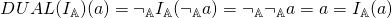 \[\Tiny{DUAL}\small{(I_\mathbb{A})(a)} = \neg_\mathbb{A} I_\mathbb{A}(\neg_\mathbb{A} a) = \neg_\mathbb{A}\neg_\mathbb{A} a = a = I_\mathbb{A}(a)\]