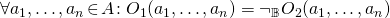 \forall a_1,\dots,a_n \!\in\! A\!: O_1(a_1,\dots,a_n) = \neg_\mathbb{B}O_2(a_1,\dots,a_n)