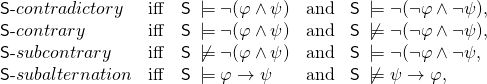 \begin{equation*} \begin{array}{l l l l l} \textsf{S}\textrm{-}contradictory & \mathrm{iff} & \textsf{S} \> \models \neg (\varphi \wedge \psi ) & \mathrm{and} & \textsf{S} \> \models \neg (\neg \varphi \wedge \neg \psi ), \\ \textsf{S}\textrm{-}contrary & \mathrm{iff} & \textsf{S} \> \models \neg (\varphi \wedge \psi ) & \mathrm{and} & \textsf{S} \> \not \models \neg (\neg \varphi \wedge \neg \psi ), \\ \textsf{S}\textrm{-}subcontrary & \mathrm{iff} & \textsf{S} \> \not \models \neg (\varphi \wedge \psi ) & \mathrm{and} & \textsf{S} \> \models \neg (\neg \varphi \wedge \neg \psi , \\ \textsf{S}\textrm{-}subalternation & \mathrm{iff} & \textsf{S} \> \models \varphi \rightarrow \psi & \mathrm{and} & \textsf{S} \> \not \models \psi \rightarrow \varphi , \\ \end{array} \end{equation*}