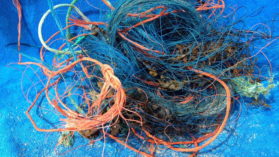 Ein Gewirr aus orangen, blauen und grünen Plastikfasern von Fischernetzen, gefunden am Strand von Sankt-Peter-Ording