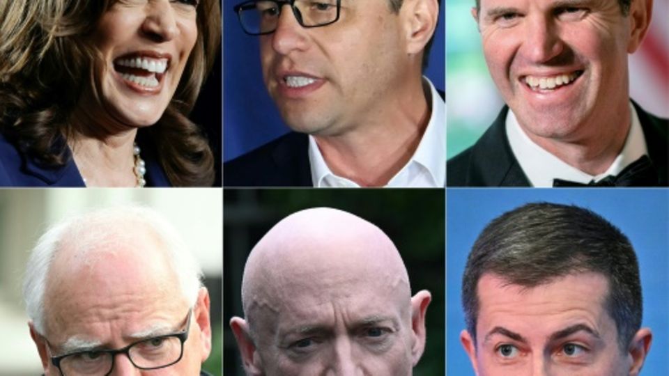 Harris, Shapiro, Beshear, Walz, Kelly, Buttigieg (l nach r, oben nach unten)