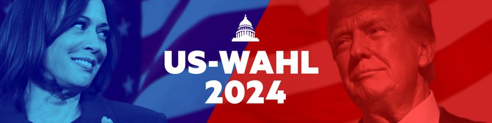 Harris und Trump, dazwischen der Text US-Wahl 2024