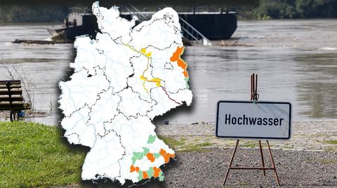 Die Elbe in der Nähe von Meißen in Sachsen. Die Karte zeigt Hochwasser-Warnungen für Deutschland. Eine aktuelle Version finden Sie unten im Artikel