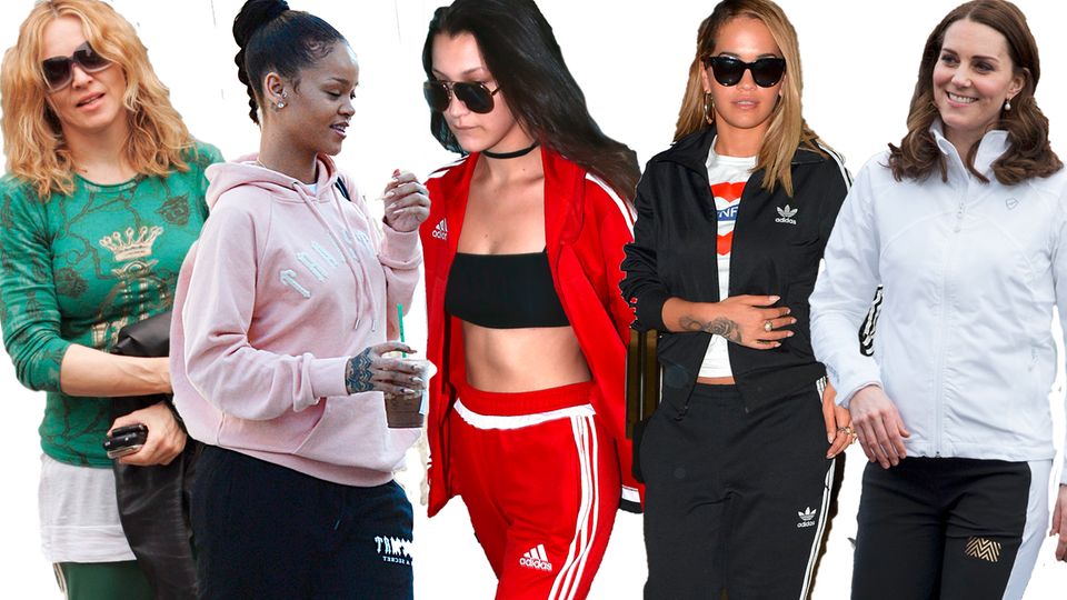 Hauptsache bequem: Stars wie Madonna (l.) oder Rihanna lieben ihre Jogginghosen. Selbst Herzogin Catherine (r.) zeigte sich schon öffentlich im sportlichen Outfit.