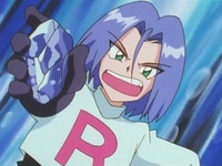 James del Equipo/Team Rocket con una piedra agua.