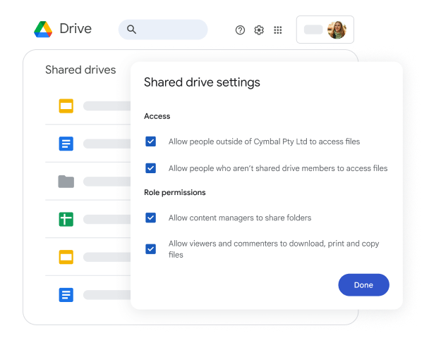 Viewing shared Drive settings for access and role permissions
