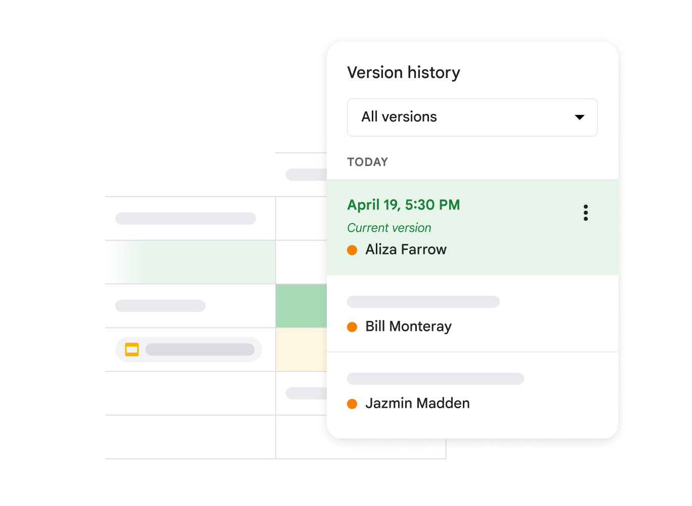 Version history UI in Sheets