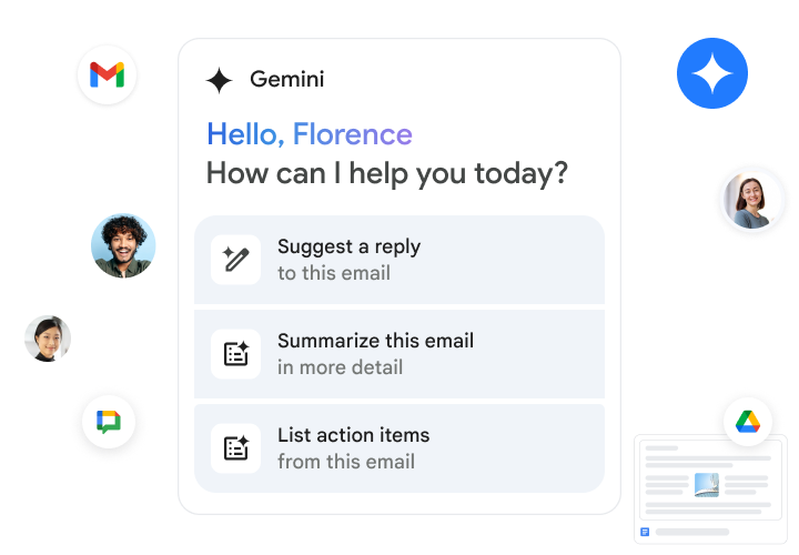 Gemini in Gmail では、返信の文案の作成、メールの要約、アクション アイテムの一覧表示ができます。