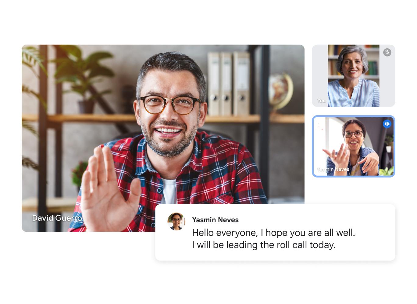 Videollamada de Google Meet que muestra a tres usuarios, con una transcripción en directo que reza "¡Hola a todos! Espero que estéis bien. Hoy me encargo yo de pasar lista". 