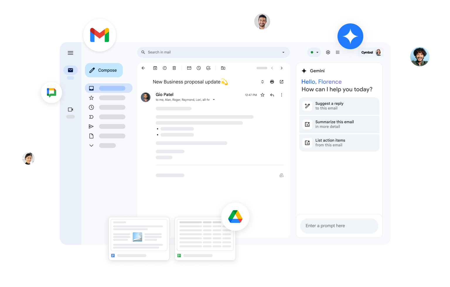 Gemini in Gmail では、返信の文案の作成、メールの要約、アクション アイテムの一覧表示ができます。