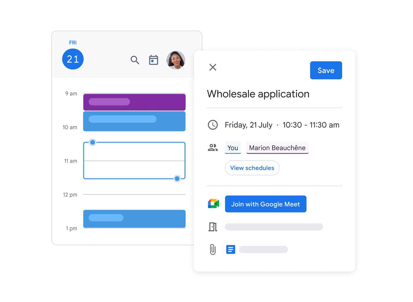 Captura de la interfaz de Google Calendar que muestra a un usuario configurando una reunión, invitando a otras personas y generando un enlace de Google Meet.