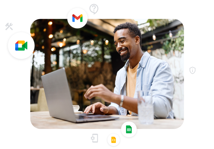Google Workspace 客戶使用筆電的圖像，周遭顯示 Google Meet、Gmail、Google 簡報和 Google 試算表圖示。