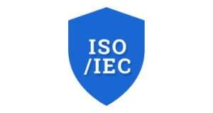 ISO- och IEC-bokstäver i en logotyp med en blå sköld