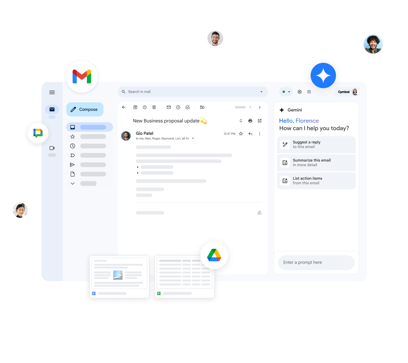 Gemini in Gmail では、返信の文案の作成、メールの要約、アクション アイテムの一覧表示ができます。