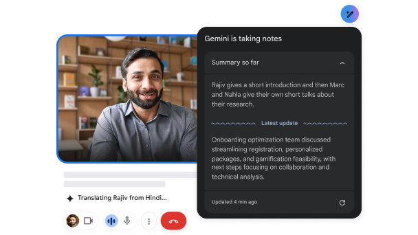 在视频通话期间，Meet 中的 Gemini 可以将印地语翻译成英语并做会议记录。