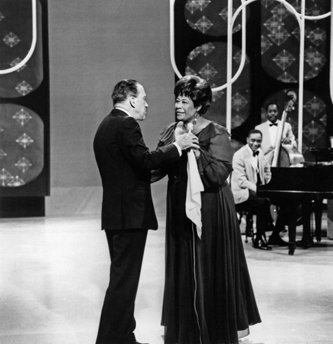 Ella Fitzgerald and Ed Sullivan on "The Ed Sullivan Show"circa 1960s** I.V.M. Black and White, Microphone, Piano, Jazz, Upright Bass, Entertainment mptv_2018_May_to_August_Update