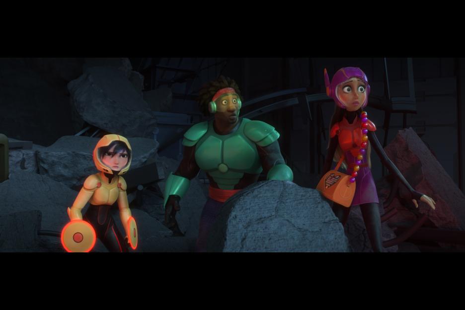 Damon Wayans Jr., Genesis Rodriguez, and Jamie Chung in Big Hero 6 (2014)