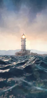 Lighthouse with ocean waves beneath a hazy sky, creating a serene atmosphere.