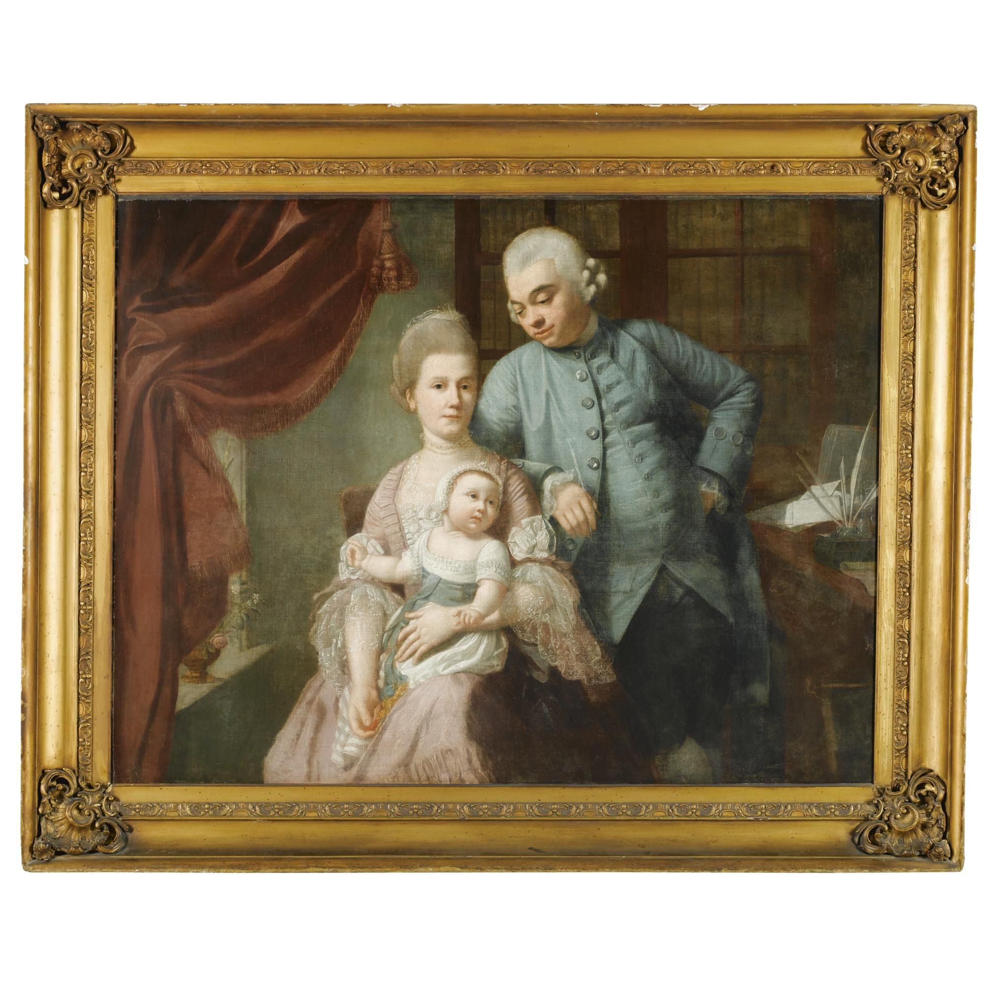 Portrait of a family, three-quarter length, in a study by French School, 18th Century